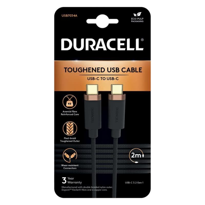 Καλώδιο Σύνδεσης USB 3.2 Duracell Braided Kevlar USB C σε USB C 63W 2m Μαύρο