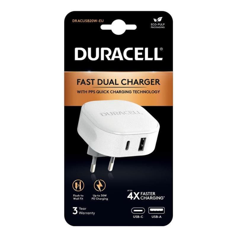 Φορτιστής Ταξιδίου Ταχείας Φόρτισης Duracell με Διπλή  Έξοδο USB A & USB C PD 30W Λευκό