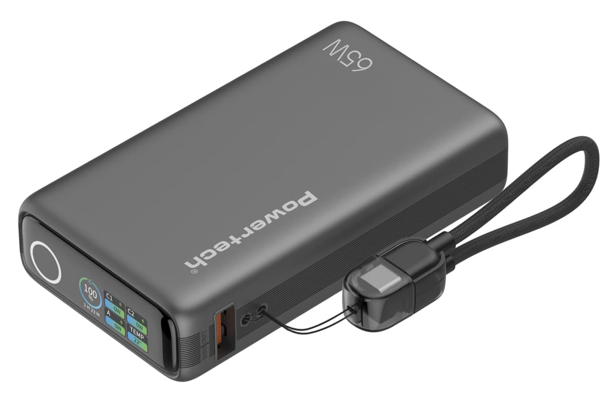 POWERTECH power bank PT-1639 με οθόνη & καλώδιο, 10000mAh, 65W, γκρι