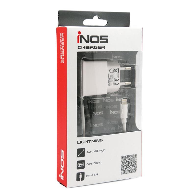 Φορτιστής Ταξιδίου inos Lightning με Extra Έξοδο USB Λευκό 2.1A