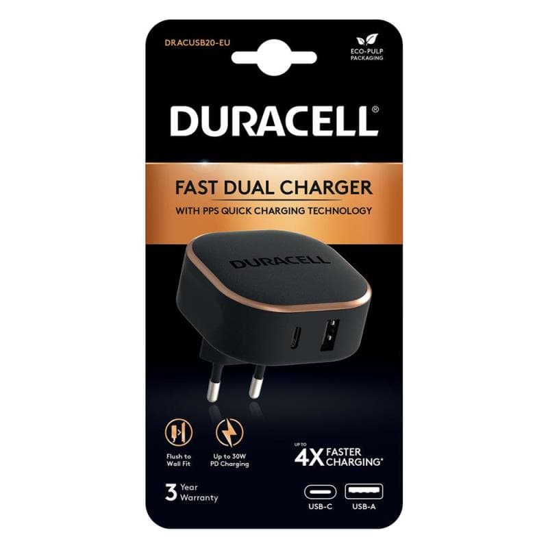Φορτιστής Ταξιδίου Ταχείας Φόρτισης Duracell με Διπλή Έξοδο USB A & USB C PD 30W Μαύρο