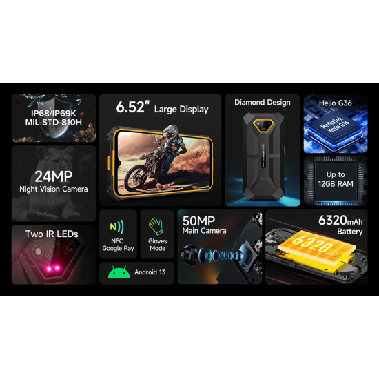 ULEFONE smartphone Armor X13, 6.52", 6/64GB, 6320mAh, IP68/IP69K, μαύρο