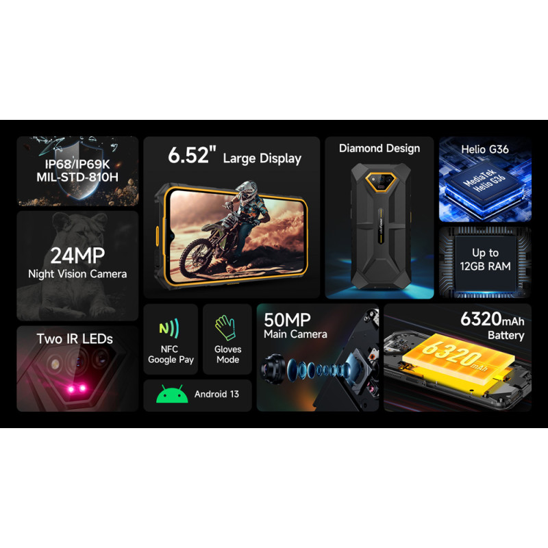 ULEFONE smartphone Armor X13, 6.52", 6/64GB, 6320mAh, IP68/IP69K, μαύρο