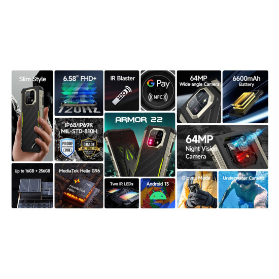 ULEFONE smartphone Armor 22, 6.58", 8/256GB, 6600mAh, IP68/IP69K, μαύρο