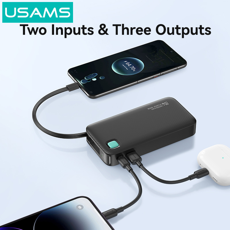 USAMS power bank CD224 με καλώδιο USB-C, 2x θύρες εξόδου, 10000mAh, 20W, μαύρο