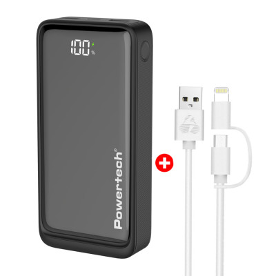 POWERTECH power bank PT-1327 με οθόνη & MFi καλώδιο USB σε Micro/Lightning, 20000mAh