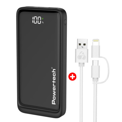 POWERTECH power bank PT-1326 με οθόνη & MFi καλώδιο USB σε Micro/Lightning, 10000mAh