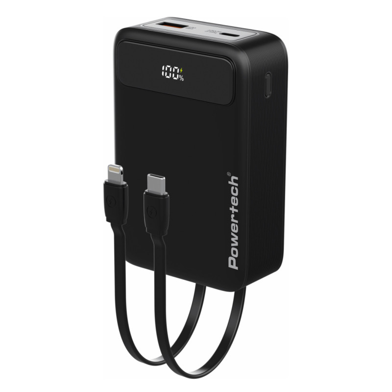 POWERTECH power bank PT-1504 με καλώδια & οθόνη, 20000mah, 22.5W, μαύρο