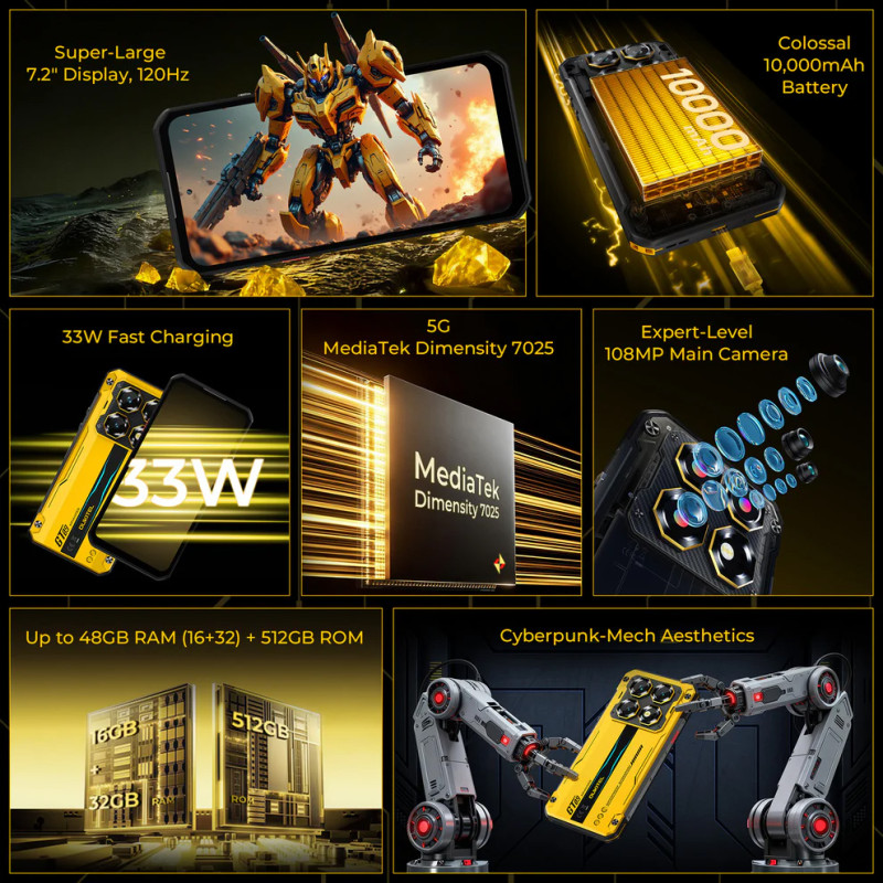 OUKITEL smartphone WP60, 7.2", 8/256GB, 5G, 10000mAh, IP68/IP69K/MIL-STD-810H, κίτρινο